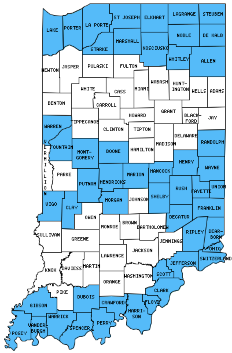 Indiana Counties Visited (with map, highpoint, capitol and facts)