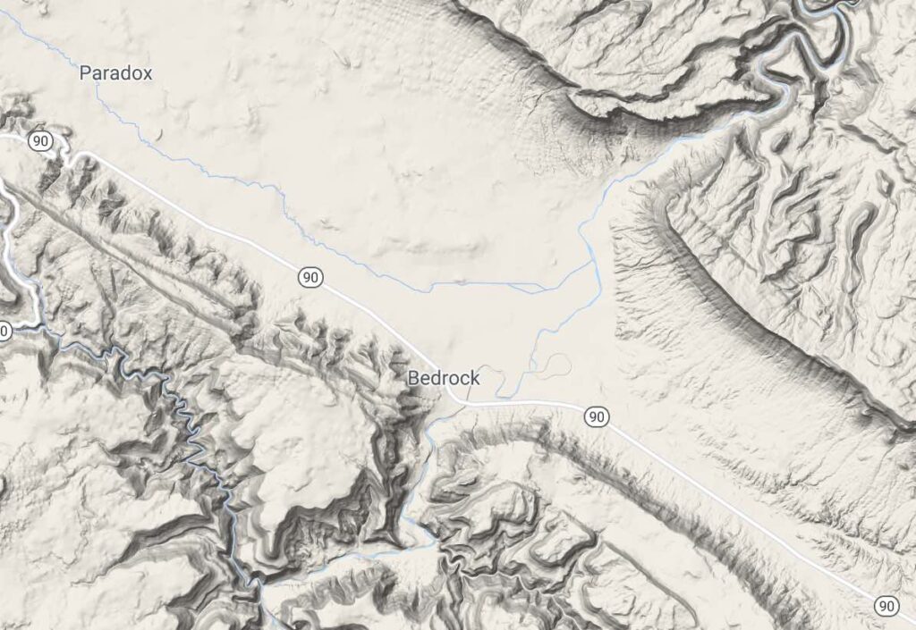 Google Maps terrain view of Paradox Valley, Colorado