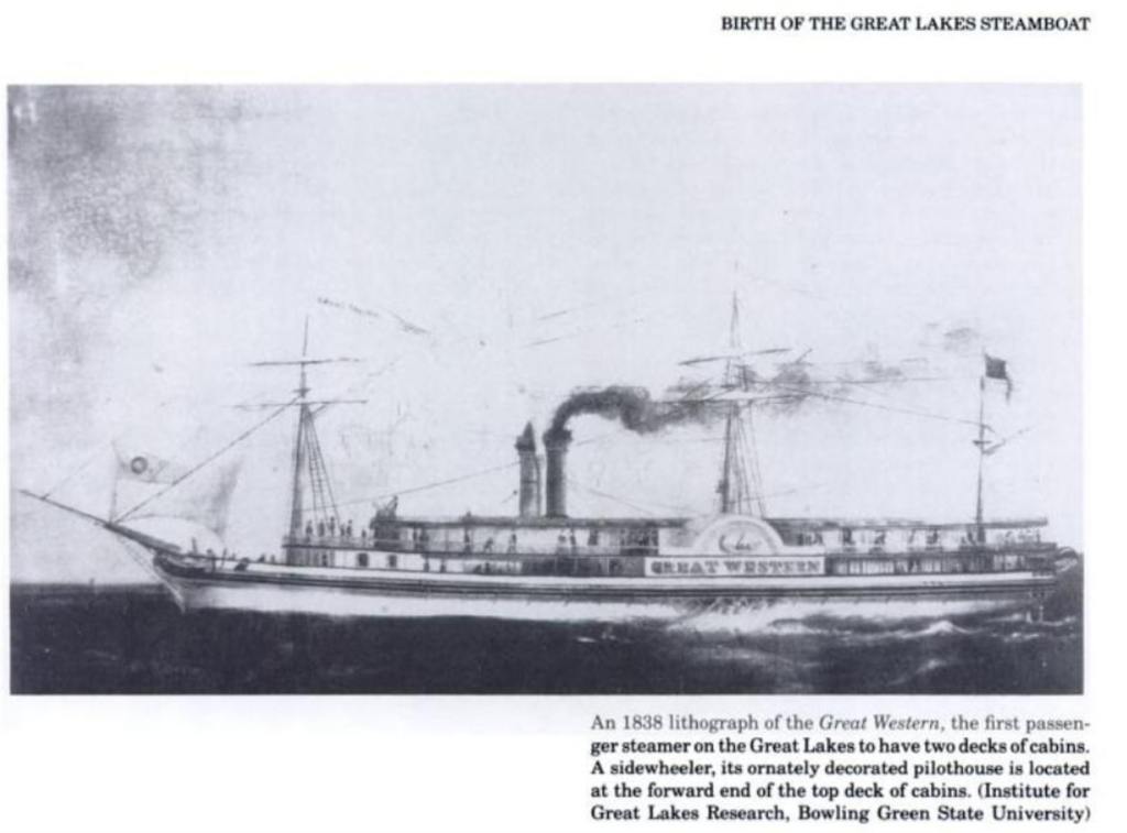 The Great Lakes Steamship Great Western – 1838. Public Domain; reprinted in Steamboats & sailors of the Great Lakes by Mark L. Thompson, 1991.