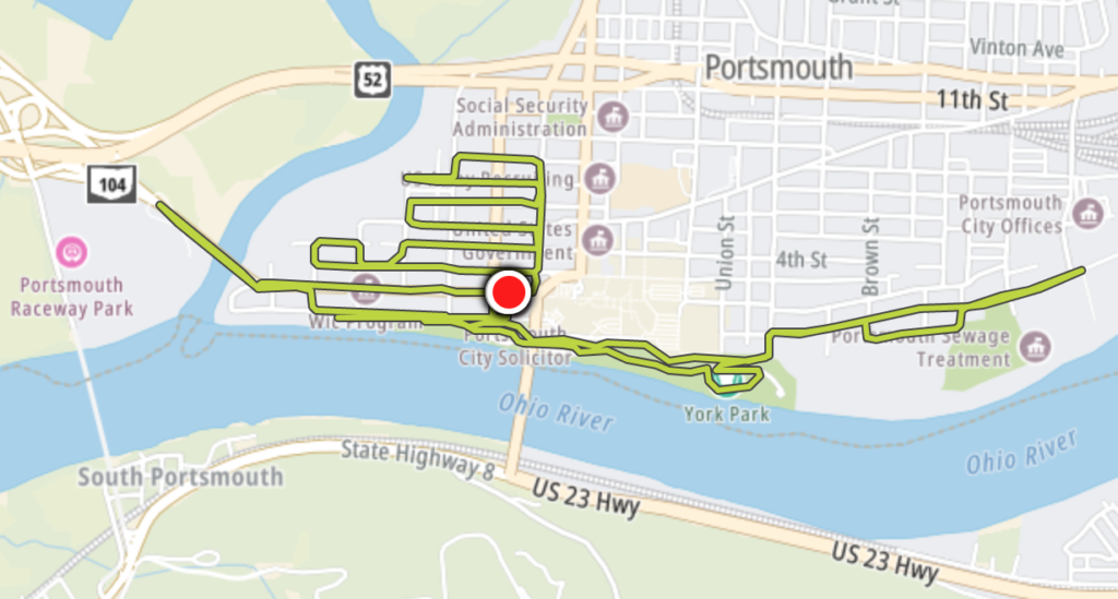 Ten mile running route in Portsmouth, Ohio.