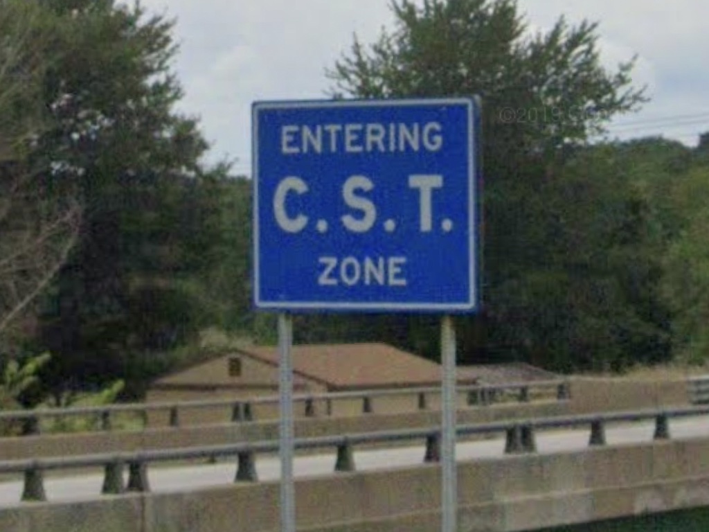 Entering Central Time Zone on I-80/90, Indiana. Image from Google Street View; August 2019.