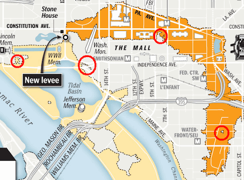 Washington National Mall Flood Plain Map. Fair use of copyright graphic from the Washington Post; November 15, 2010