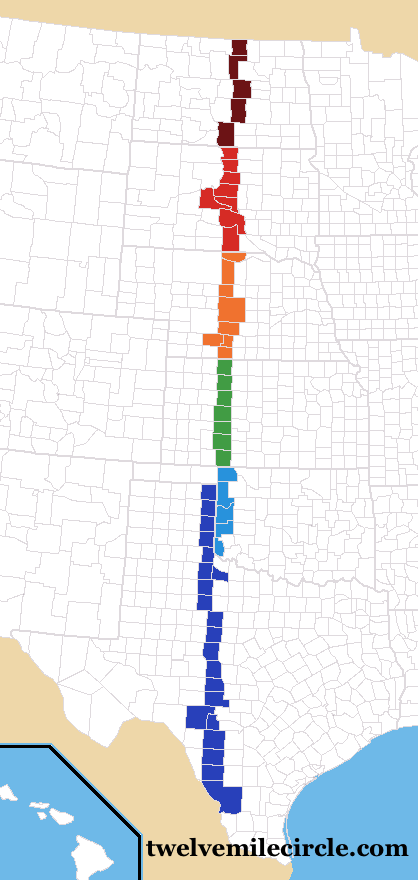 Counties Cut by the 100th Meridian. Twelvemilecircle.com; (CC BY-NC-SA 2.0)