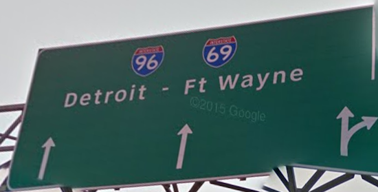 Lansing Michigan Interstate. Fair use screen print from Google Street View; September 2015
