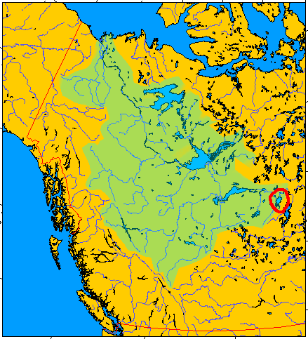 Wollaston Lake within the Mackenzie River Drainage Basin. Modification of map posted by Geo Swan on Wikimedia Commons, in the public domain.