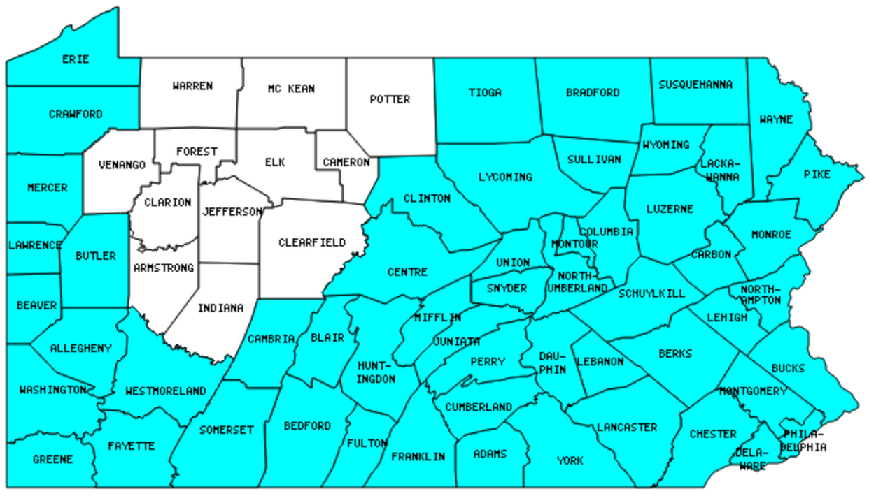 Pennsylvania counties still needing to be visited. Map courtesy of mob-rule.com