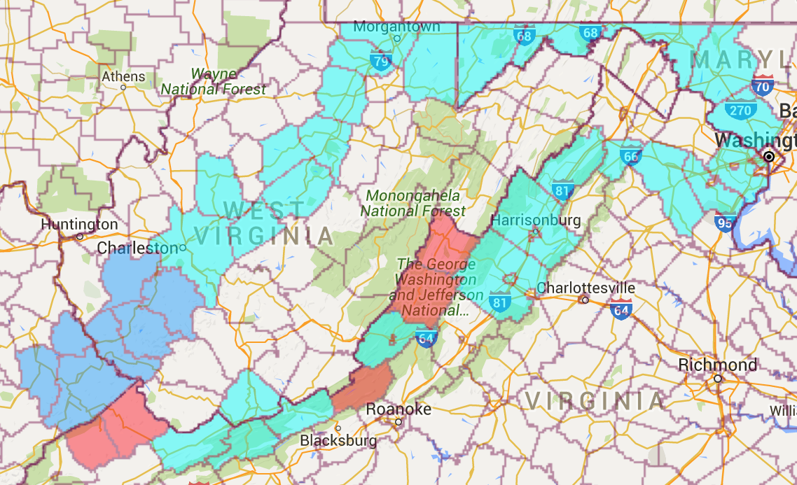 Route through Appalachia. Underlying map via the Mob Rule county counting website