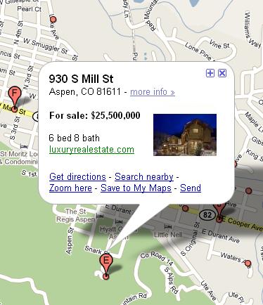 Aspen, Colorado mansion for sale. Google Maps image from November 2006.