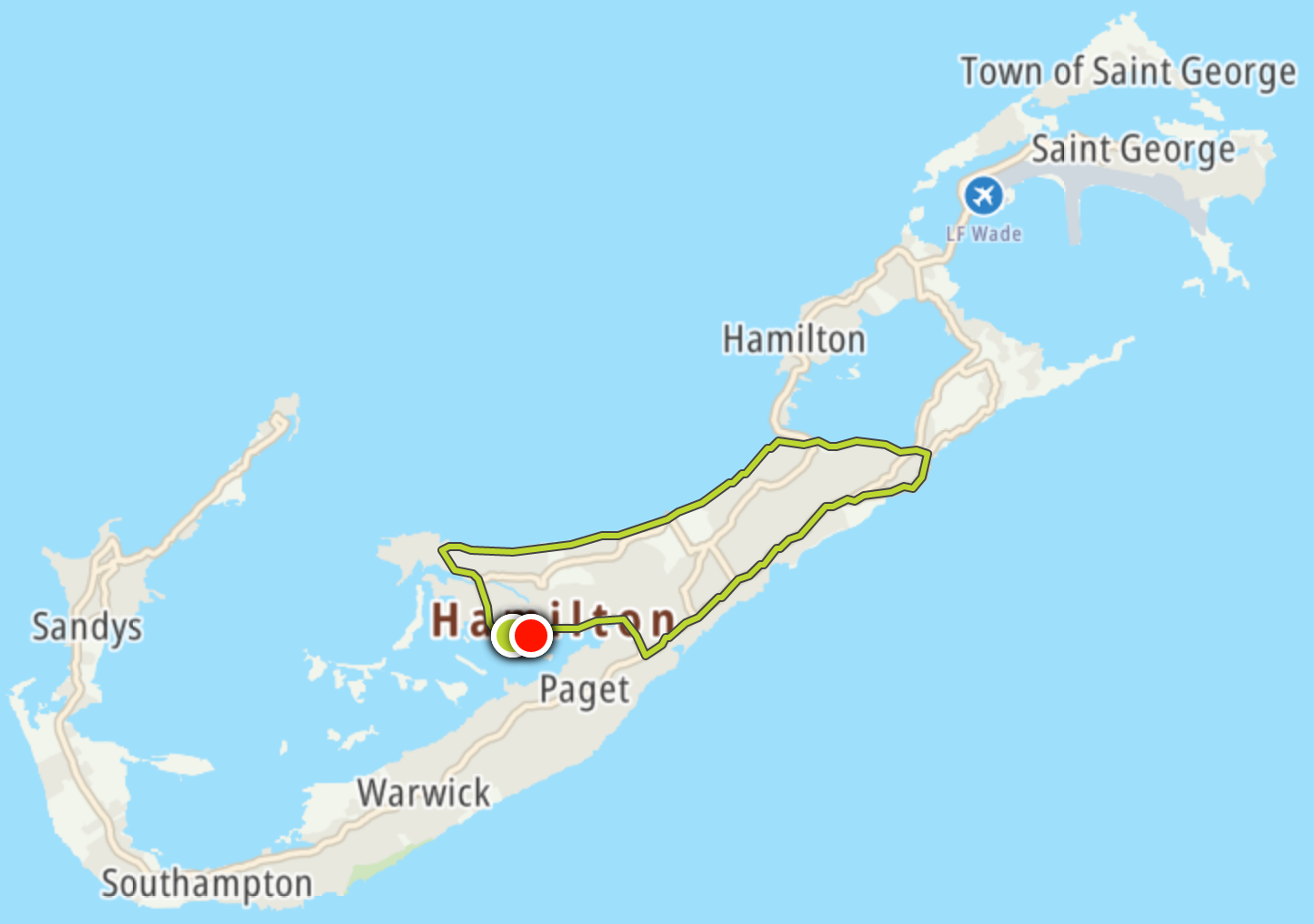 The route my watch tracked during the half-marathon in Bermuda