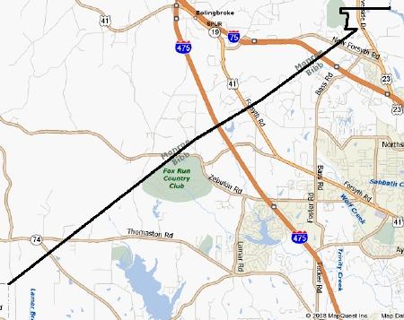 Border of Bibb and Monroe Counties GA in January 2009. Underlying map via MapQuest.