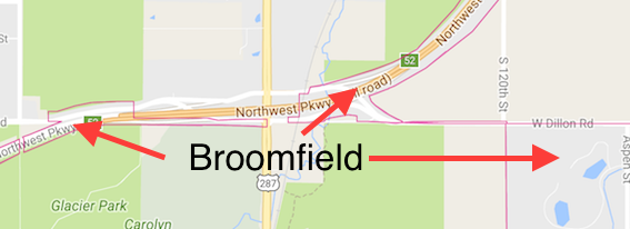 Northwest Parkway Border in Broomfield. Annotation of Google Maps by howderfamily.com