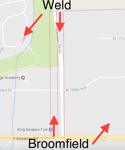 Northwest Parkway in Broomfield. Annotation of Google Maps by howderfamily.com