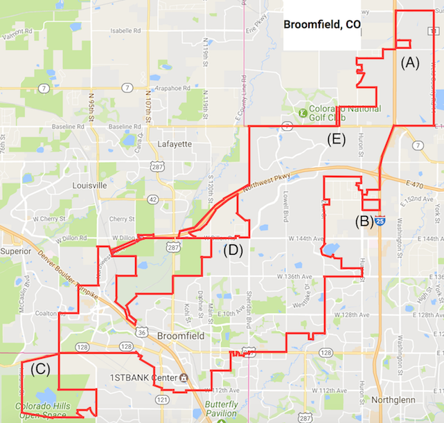 Broomfield County Outline. Annotation of Google Maps by howderfamily.com
