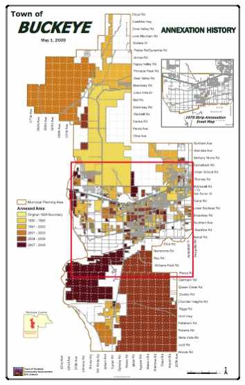 Annexation History in Buckeye Arizona. Map produced by the City of Buckeye. Fair use of copyright image.