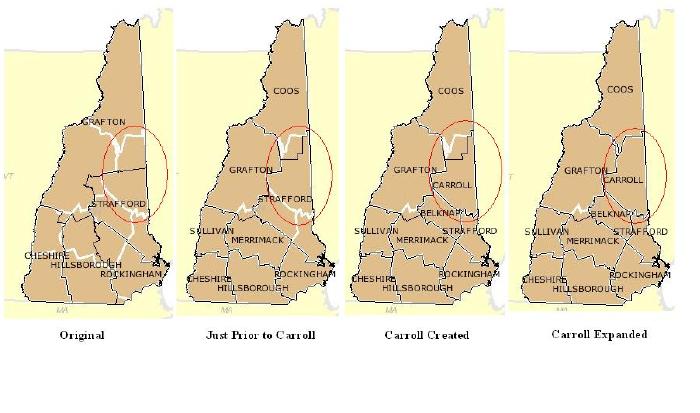 Evolution of Carroll County, New Hampshire borders. Underlying map from Atlas of Historical County Boundaries; the Newberry Library