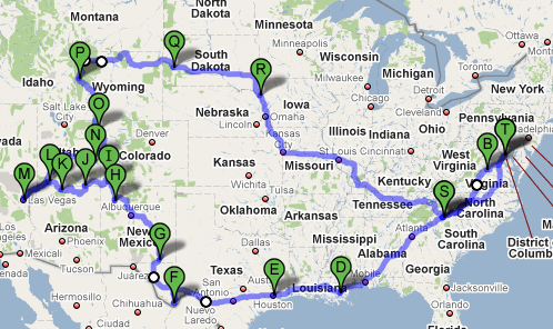 Road trip map courtesy of Google Maps.