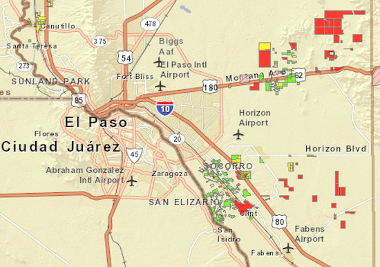 Colonias Near El Paso, Texas, USA. SOURCE: Attorney General of Texas; Interactive Map of Colonia Communities. https://maps.oag.state.tx.us/colgeog/colgeog_online.html#