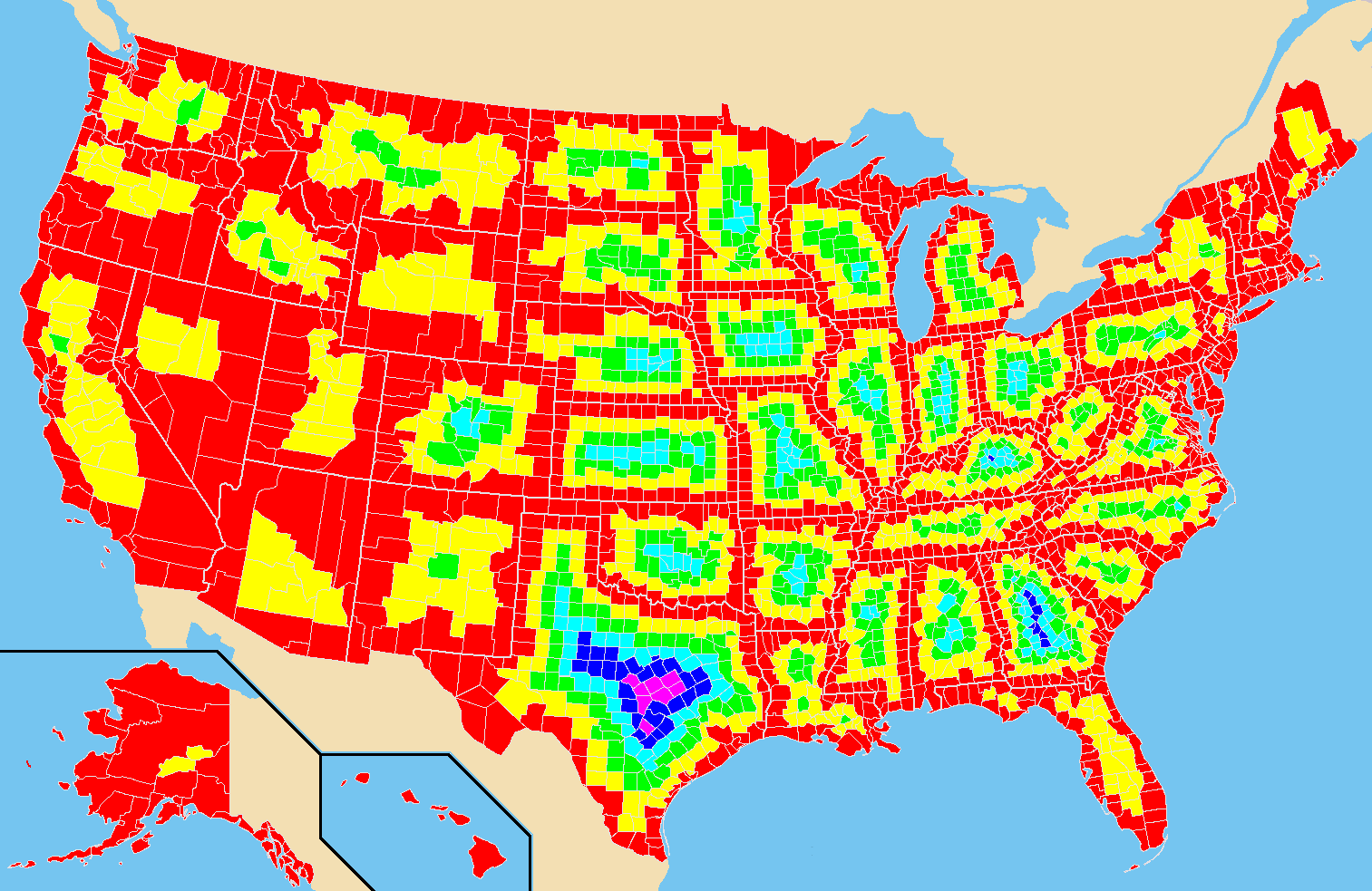 Level of County Landlocking by State. Map by howderfamily.com; (CC BY-NC-SA 2.0)