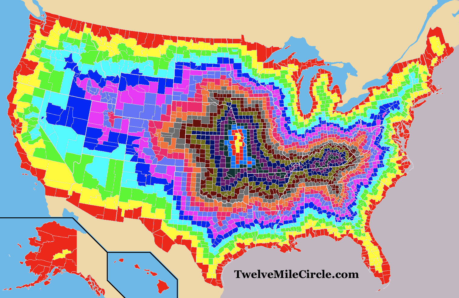 Level of County Landlocking in the United States. Map created by howderfamily.com; all rights reserved