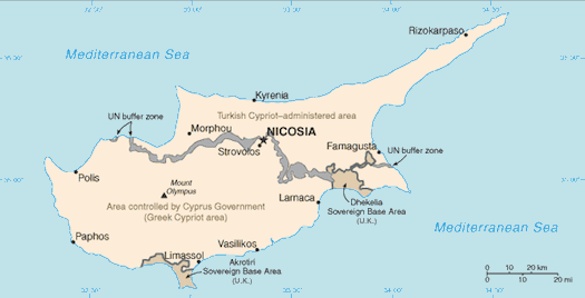 Cyprus with British Sovereign Base Areas. Public Domain image via CIA World Factbook