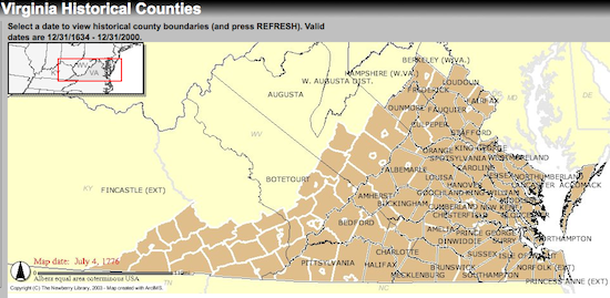 The Former Fincastle County, Virginia on July 4, 1776. Source of underlying map: Newberry Library Atlas of Historical County Boundaries