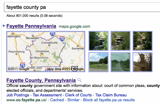 Fayette County Pennsylvania Map. Screen print from Google.