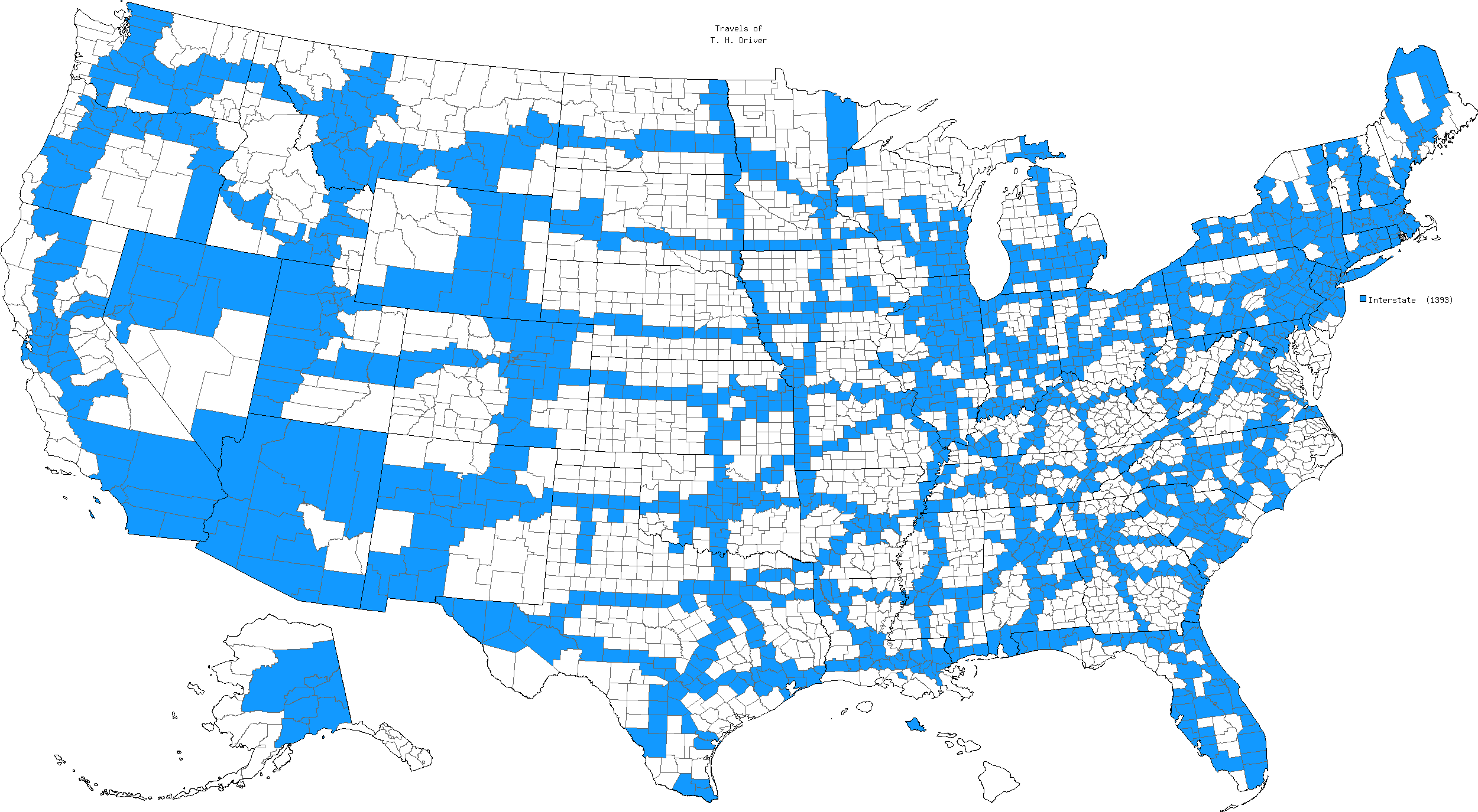 U.S. counties with Interstate Highways. Map generated by mob-rule.com