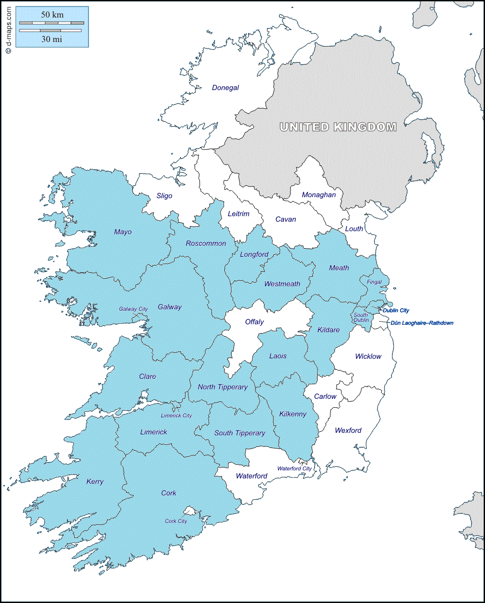 Counties of Ireland Visited. Underlying copyrighted image used in compliance with d-maps.com terms and conditions