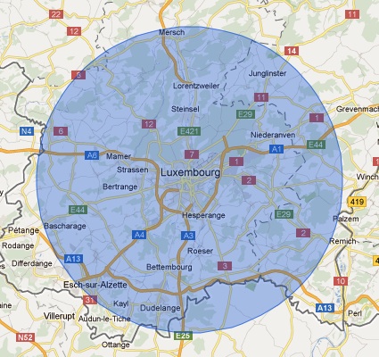 Map of 17 kilometre radius around Luxembourg