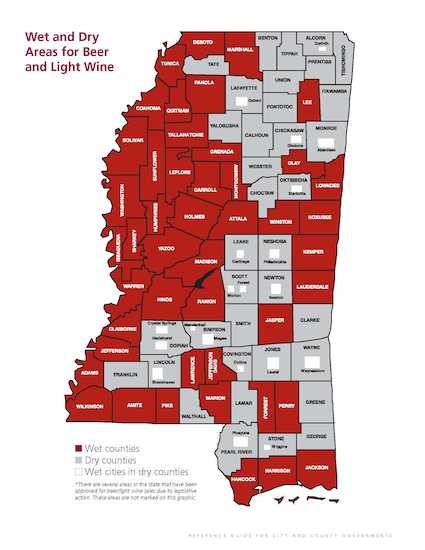 Wet and Dry Areas for Beer and Light Wine in Mississippi. Fair use of copyrighted map produced by the Mississippi Tax Commission