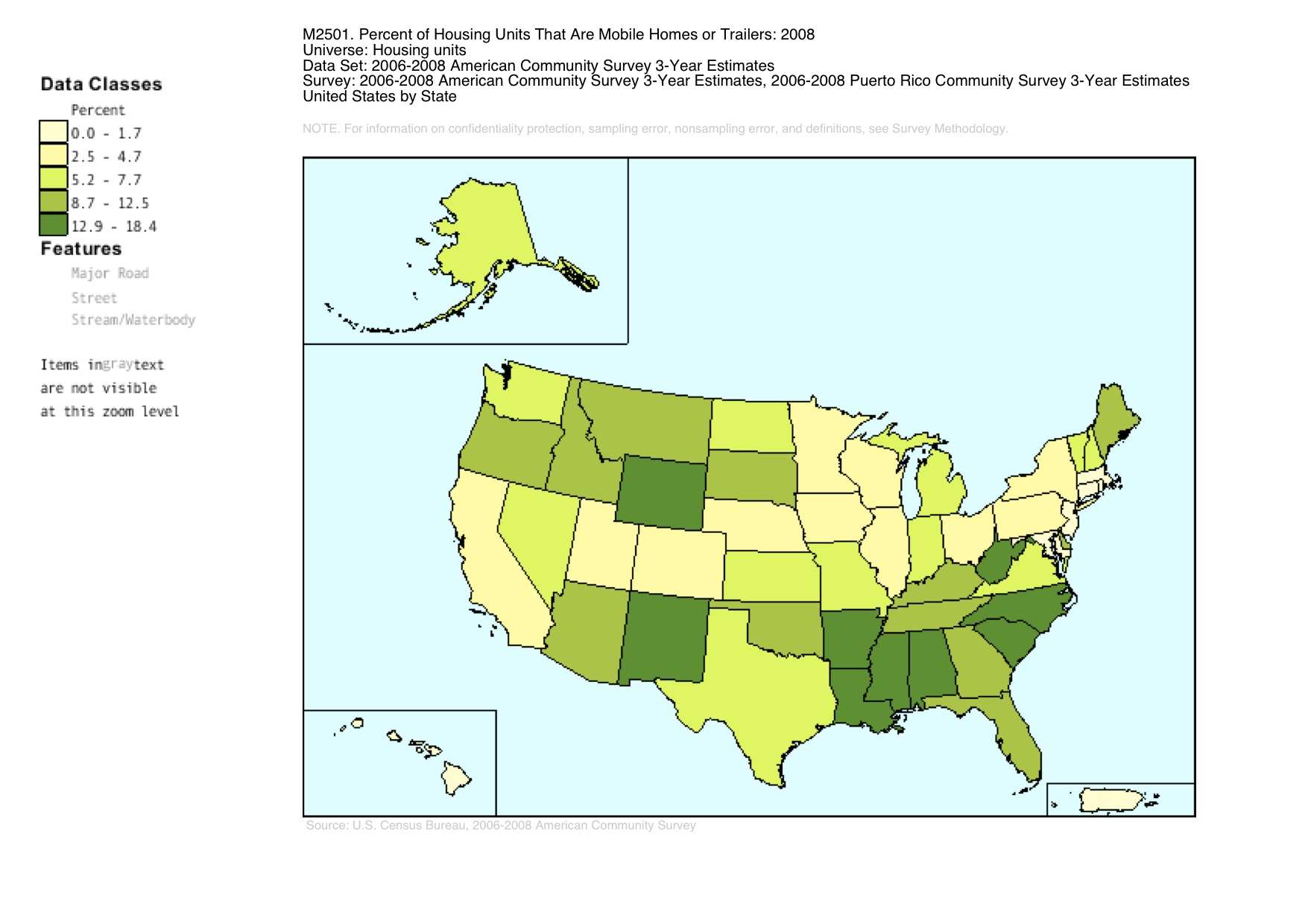 Mobile Home Density by State via American Community Survey, 2006-2008.