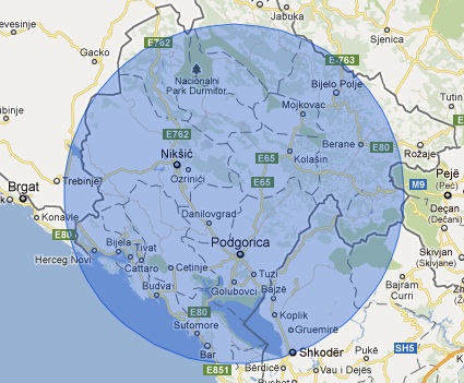 Map of 70 kilometre radius around Montenegro
