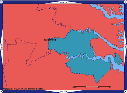 Congressional Districts of the Richmond Metropolitan Area. Public Domain map created from the National Atlas of the United States.