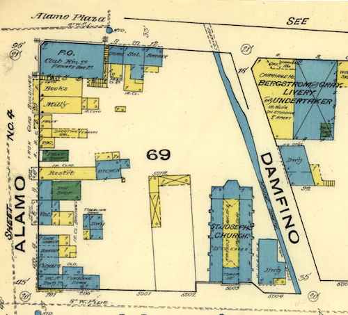 Damfino Street in San Antonio. Excerpt from an 1885 map of San Antonio in the Public Domain.