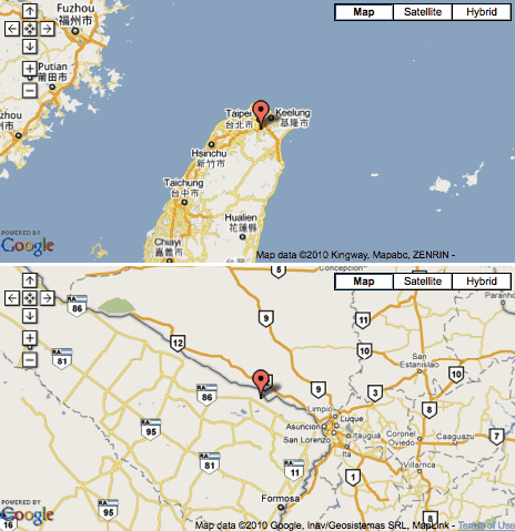 Asunción, Paraguay / Taipei, Taiwan antipodes. Screen shot from the Antipodes Map website
