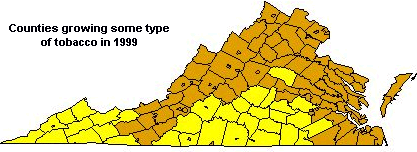 Counties growing tobacco in Virginia. Source: Virginia Places.