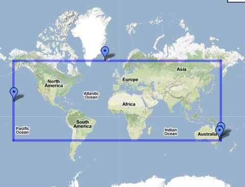 My extreme latitudes and longitudes of travel; created using Google Maps