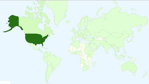 Countries Represented by Website Visitors. Google Analytics screen print.