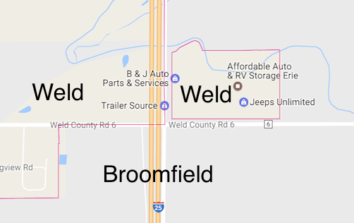 Weld County within Broomfield. Annotation of Google Maps by howderfamily.com