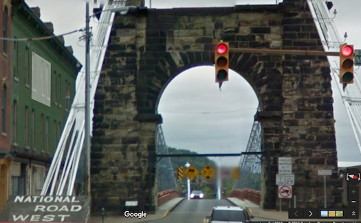 Wheeling West Virginia Suspension Bridge via Google Street View; October 2015.