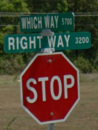 Corner of Which Way and Right Way in Houston Texas. Image from Google Street View; June 2011.
