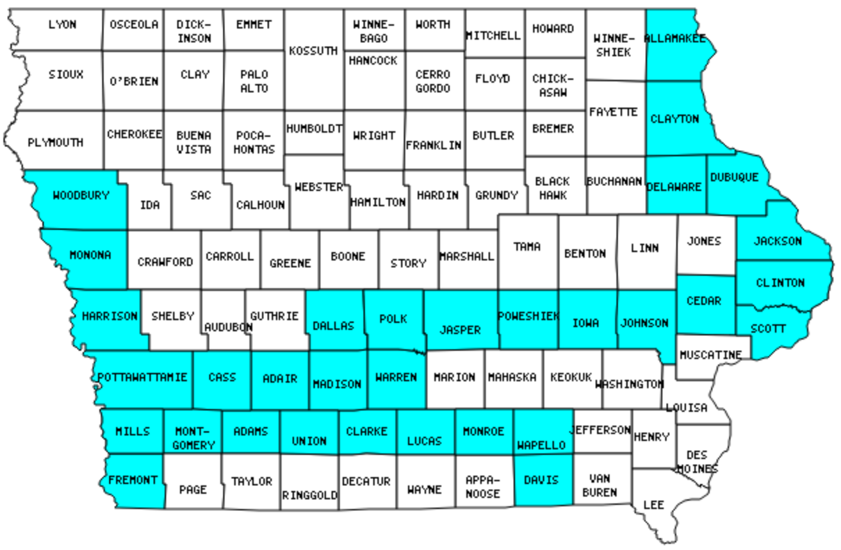 Iowa counties I've visited; map generated by Mob Rule Counties.